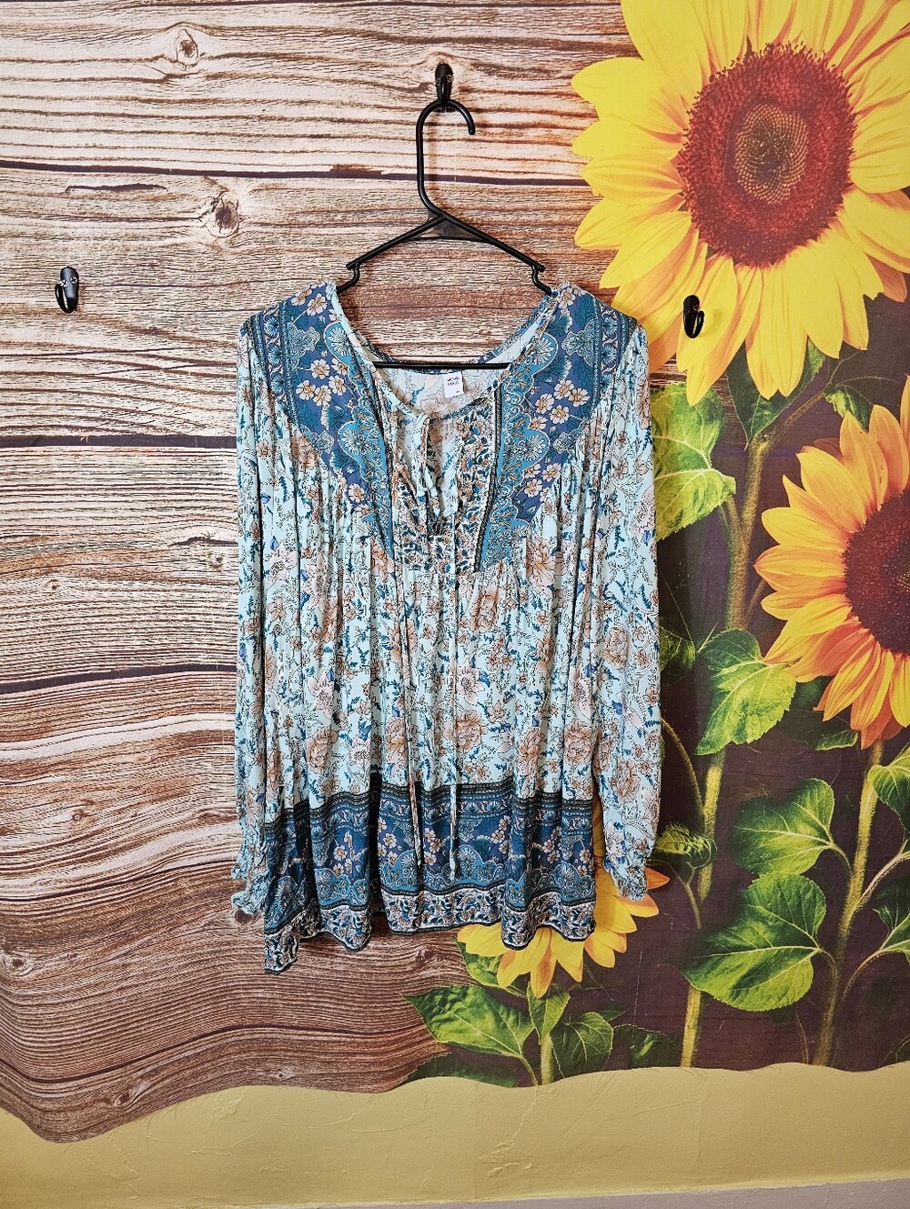 Boho Floral Tie-Front Blouse - Blue/Tan
